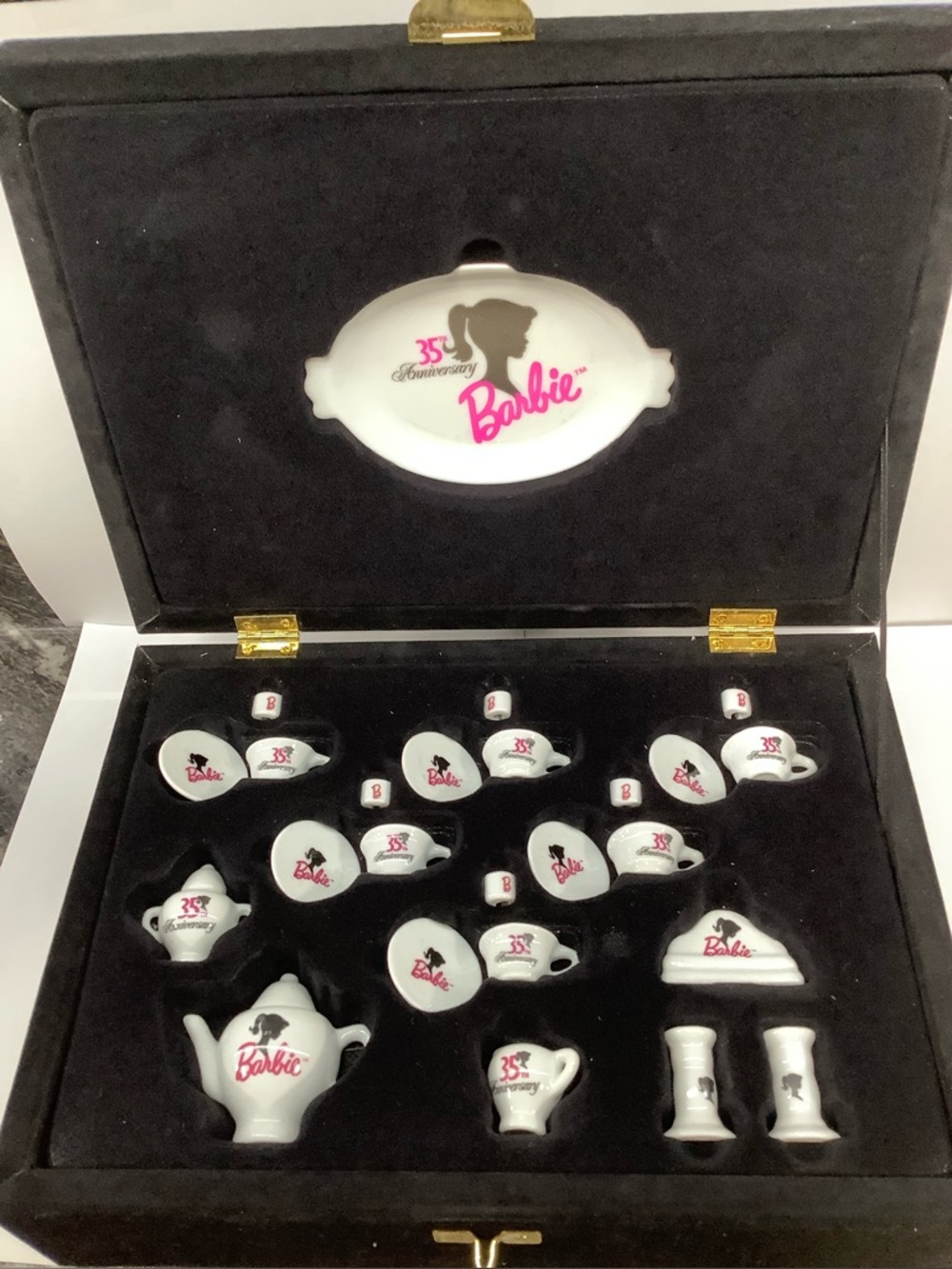 35 Year Anniversary Barbie White Miniature Tea Set with Pink and Black design.